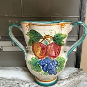 HAND PAINTED MAJOLICA DOUBLE HANDLE JUG PITCHER SIGNED FRUIT DESIGN ITALIAN